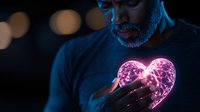 Middle-aged African American man holding glowing pink neon heart shape in dark setting with bokeh lights, representing love, technology and emotional connection.