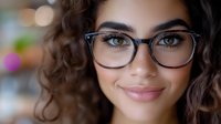 Young mixed race woman with curly hair wearing stylish eyeglasses smiles warmly at camera, closeup portrait with soft bokeh background lighting.