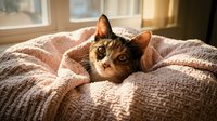 Adorable tabby cat with green eyes relaxing under cozy knitted blanket in warm sunlit bedroom creating peaceful domestic atmosphere for pet lovers.