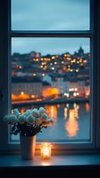 Evening cityscape through window with white roses and glowing candle on windowsill, reflecting lights on water create romantic atmosphere at twilight hour.