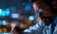 Middle-aged bearded male doctor in glasses writing medical notes at night, illuminated by blue bokeh lights, wearing white coat and stethoscope.