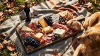 Charcuterie board with cured meats, cheeses, bread, and fresh berries arranged on wooden platter during outdoor picnic on blanket surrounded by grass.