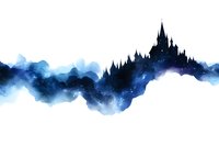 Mystical castle silhouette emerging from blue watercolor clouds on white background for fantasy designs and storytelling projects.