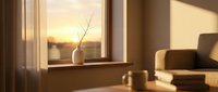 Cozy living room interior with warm sunlight streaming through window, minimalist vase with branch on windowsill, soft golden hour lighting creating peaceful atmosphere.