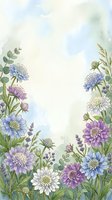 Watercolor wildflower border with purple, blue, and white blooms framing a soft sky background, perfect for cards and invitations.