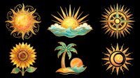 Radiant sun illustrations with ornamental and nature-inspired designs, isolated on transparent background. Ready for t-shirt designs, clipart, stickers, sublimation, and print-on-demand projects.