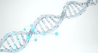 Molecular DNA double helix structure with cyan glowing particles on white background, suitable for genetics, biotechnology, science education and medical research presentations.