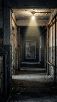 Abandoned industrial corridor with deteriorating walls, rust-stained metal doors, and single overhead light casting eerie shadows through dusty air. Suitable for horror, mystery, and urban exploration themes.