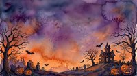 Spooky Halloween watercolor background with haunted house, bats, pumpkins, bare trees, and graveyard under a purple and orange sky.