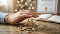 Hand protecting wooden family figures and coins on desk with diploma background representing life insurance financial security planning concept.