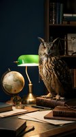 Wise owl perched on vintage books in scholarly library setting with banker lamp and globe for education and wisdom concepts.
