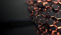Glowing copper-colored hexagonal molecular structure on dark background with selective focus and dramatic lighting creates futuristic scientific atmosphere.