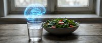 Holographic brain projection above glass of water next to fresh salad bowl on wooden table. Mental health nutrition concept for cognitive enhancement and wellness.