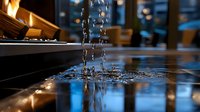 Water droplets splashing on reflective kitchen counter surface with modern appliances and warm lighting creating dynamic culinary preparation scene.