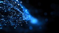 Glowing blue network connections with dots and lines forming abstract digital mesh pattern against dark background, bokeh light effects create depth.