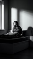 Woman with long dark hair sitting on bed in minimalist bedroom with dramatic window light, monochrome artistic portrait for editorial and lifestyle design use.