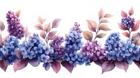 Seamless border pattern with watercolor hydrangea flowers in purple and blue shades, decorated with pink and purple leaves on white background.