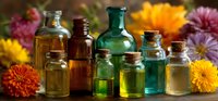 Colorful essential oil bottles arranged with vibrant marigold and chrysanthemum flowers, showcasing aromatherapy ingredients for natural wellness.