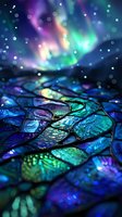 Iridescent mosaic pattern with northern lights background creates magical atmosphere through vibrant blue, purple and green colors, bokeh effect adds dreamy feel.