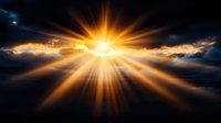 Dramatic sunburst breaks through dark storm clouds with golden rays of light creating ethereal atmosphere against moody sky background. Spiritual and inspirational nature scene.