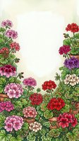 Colorful geranium flowers frame with blank center space for text or design. Vibrant pink, red, purple blooms with green leaves create decorative border.