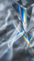 Crystal prism refracting light into rainbow spectrum on gray surface, creating colorful optical effects and dispersion patterns for science and design projects.