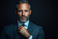 Confident mature businessman with gray hair and beard wearing blue suit adjusts tie against dark background. Professional corporate portrait.