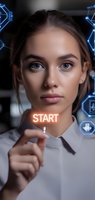 Young woman with blue eyes pressing glowing START button on futuristic interface. Digital technology concept with neon elements and HUD graphics.