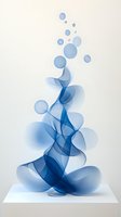 Abstract blue smoke-like waves and floating bubbles on white background create dynamic upward movement with translucent layered effects. Suitable for modern design projects.