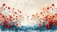 Red poppies on delicate stems against misty blue and beige watercolor background create dreamy floral landscape composition for wall art and home decor.