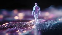 Glowing figure walks on sparkling purple waves against dark background, digital particles forming human silhouette in motion, ethereal light effects create mystical atmosphere.