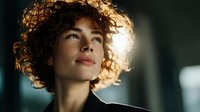Young woman with curly hair looking up thoughtfully in warm golden light. Professional portrait with dramatic lighting for lifestyle and business content.