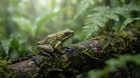 Small brown frog sitting on mossy log in lush green forest environment with ferns and tropical vegetation creating natural wildlife habitat scene.