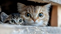 Curious cats with bright blue eyes peeking through wooden opening, close up portrait of ginger and tabby kittens showing playful and adorable expressions.