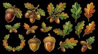 Autumn oak leaves and acorns isolated on transparent background. Ready for t-shirt design, clipart, stickers, sublimation, print-on-demand products and digital crafts.