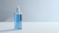Blue liquid spray bottle on white surface against gray background for skincare and cosmetic product photography.