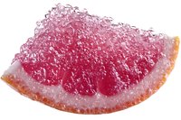 Fresh pink grapefruit segment with juicy pulp and crystalline texture isolated on white background, showing natural citrus flesh and pith detail.