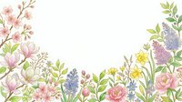 Watercolor spring floral border with magnolia, cherry blossom, daffodil, lilac and peony on white background, copy space for text.
