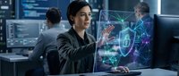 Professional Asian woman cybersecurity analyst working with holographic security interface in modern tech office environment with team members.