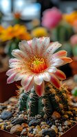 Blooming cactus flower with delicate white and pink petals spotted with red speckles, growing from green thorny stem against blurred colorful background on rocky soil.