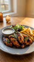 Grilled chicken wings with herbs and french fries served on plate with dipping sauce in cozy restaurant setting with warm candlelight atmosphere.