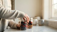 Woman in cozy sweater opening glass jar filled with mixed berries on kitchen counter near window for healthy breakfast preparation.