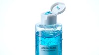 Aqua blue liquid cleanser or toner in transparent bottle with pump dispenser on white background, suitable for skincare product marketing and cosmetic packaging design.