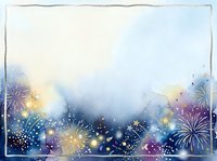 Watercolor celebration background with fireworks bursting in gold, purple, and blue tones, featuring sparkles and light effects on white space, suitable for festive event designs and holiday graphics.