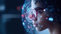 Young African American woman's profile with futuristic cybersecurity interface overlay, glowing digital elements and lock icons in blue and pink neon lights against dark background.