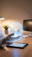 Businessman holding holographic sphere with digital icons above tablet in modern office workspace for technology and innovation concepts.