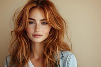 Young woman with natural red hair, freckles and blue eyes wearing denim jacket against beige background, soft natural lighting creates warm atmospheric portrait.