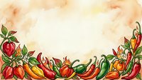 Watercolor border frame with red and orange peppers, chili peppers, and green leaves on cream background. Isolated design element suitable for menus, recipes, cooking blogs, food packaging, and culinary publications.
