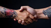 Close-up of tattooed arms with dragon designs in handshake gesture against dark background, symbolizing agreement, partnership and unity in business or personal deal.