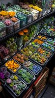 Colorful succulent plants and cacti display in retail store shelves. Various species arranged in plastic containers showing vibrant orange, purple, green and blue tones.